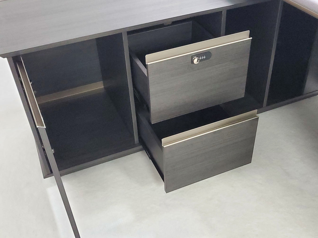 Modern Grey Oak Executive Corner Office Desk with Carbon Fibre and Brass Metal Edging - 1600mm - FP60-D02