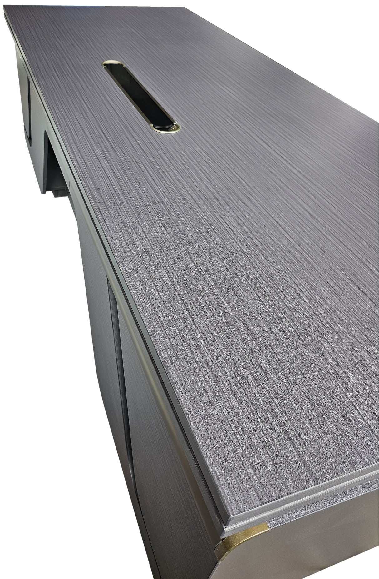 Large Modern Grey Oak Executive Corner Office Desk with Full Desktop and Brass Detailing - 2400mm - BP60-D06