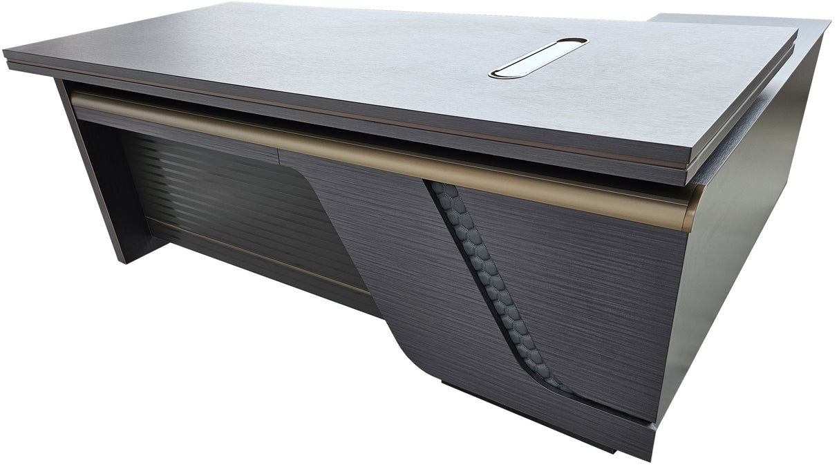 Modern Grey Oak Executive Corner Office Desk with Full Desktop and Brass Detailing - 2000mm - BP60-D07