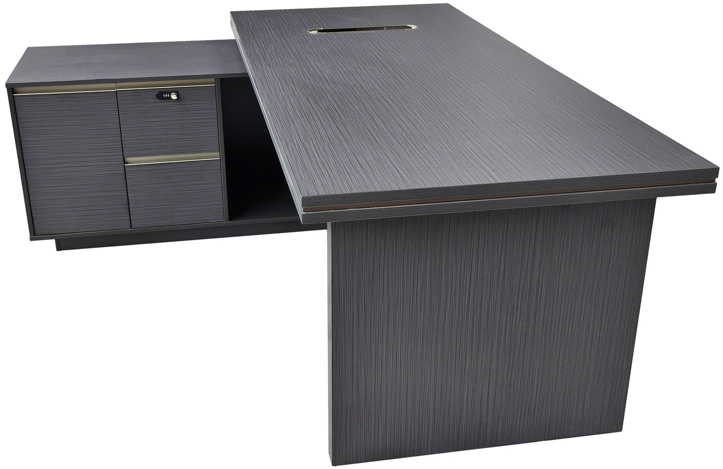 Modern Grey Oak Executive Corner Office Desk with Full Desktop and Brass Detailing - 2000mm - BP60-D07