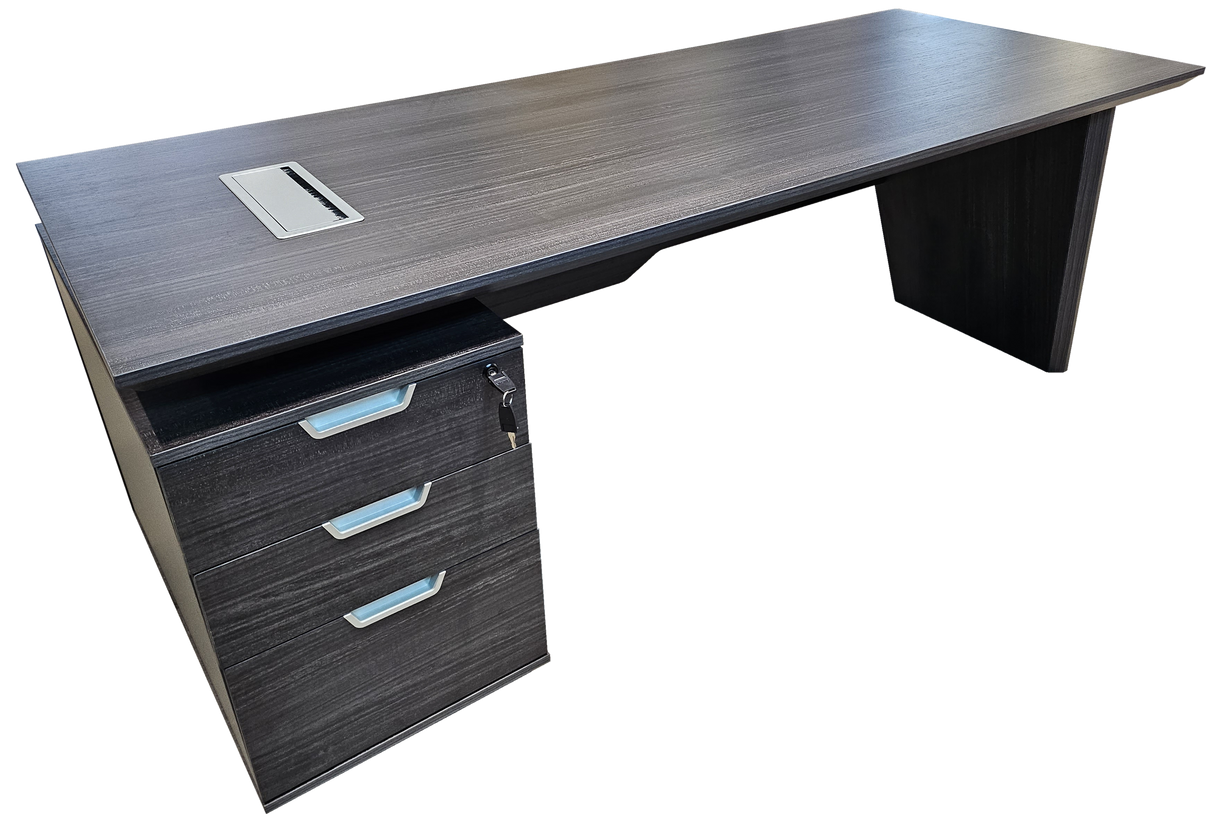 Modern Grey Oak Veneer Executive Office Desk with Built in Pedestal and Inclined Leg - 1800mm - DG19-S-D18