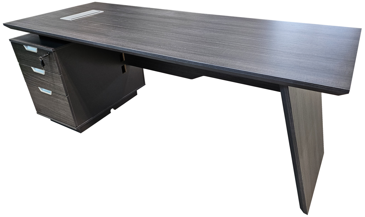 Modern Grey Oak Veneer Executive Office Desk with Built in Pedestal and Inclined Leg - 1600mm - DG19-S-D16