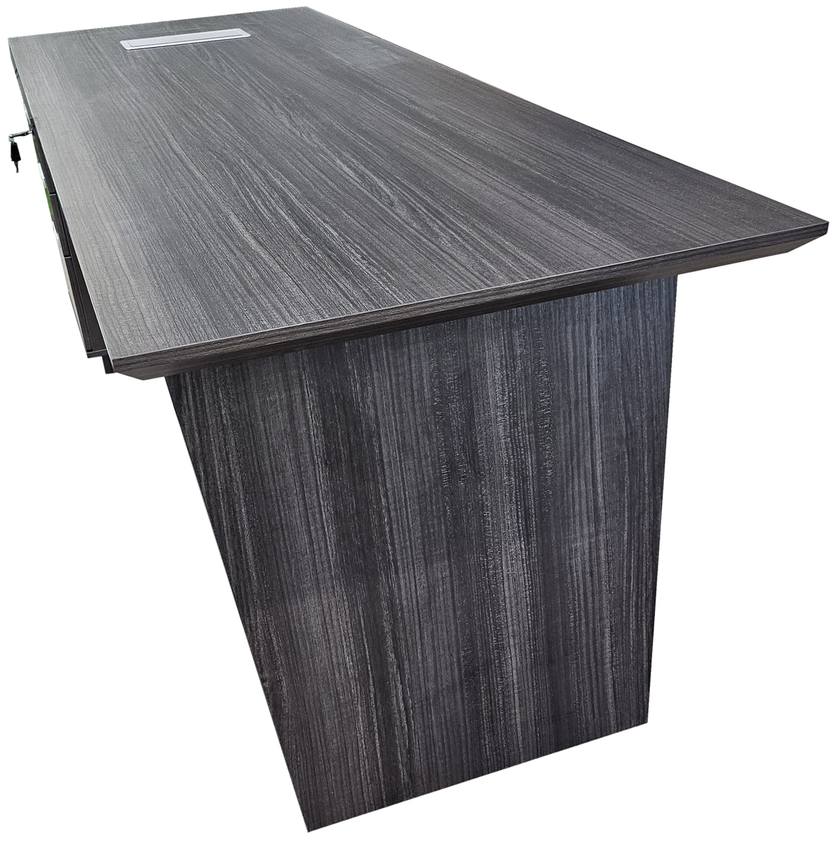 Modern Grey Oak Veneer Executive Office Desk with Built in Pedestal and Inclined Leg - 1800mm - DG19-S-D18