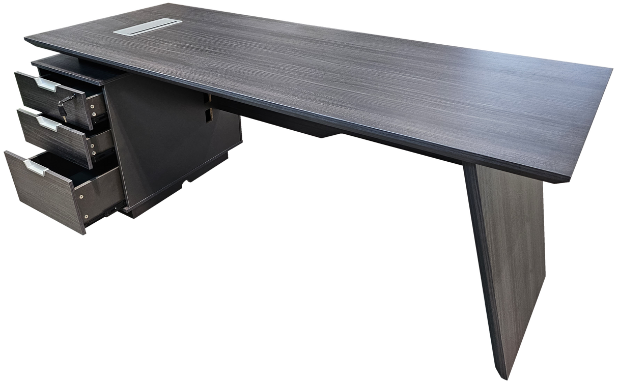 Modern Grey Oak Veneer Executive Office Desk with Built in Pedestal and Inclined Leg - 1600mm - DG19-S-D16