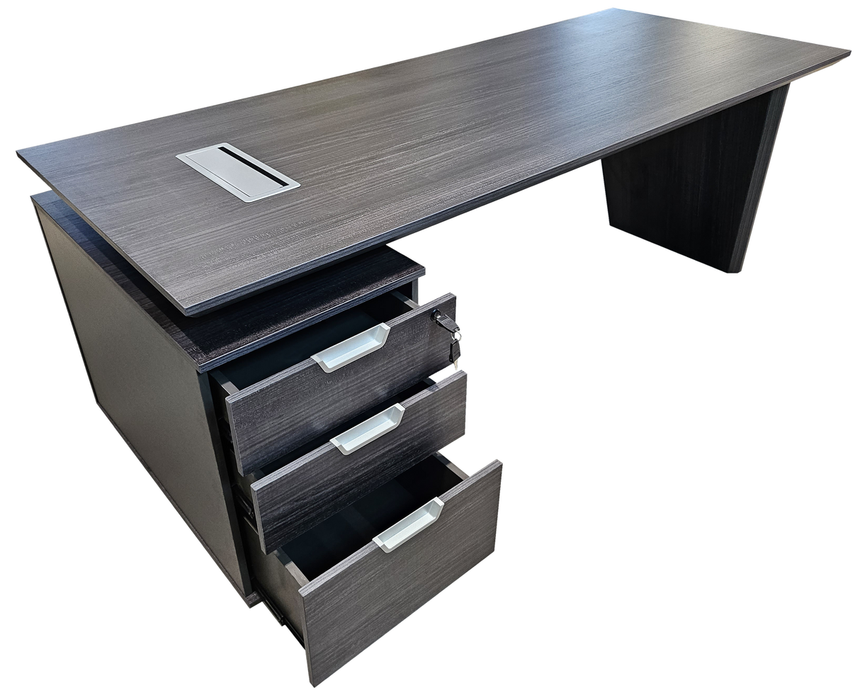 Modern Grey Oak Veneer Executive Office Desk with Built in Pedestal and Inclined Leg - 2000mm - DG19-S-D20