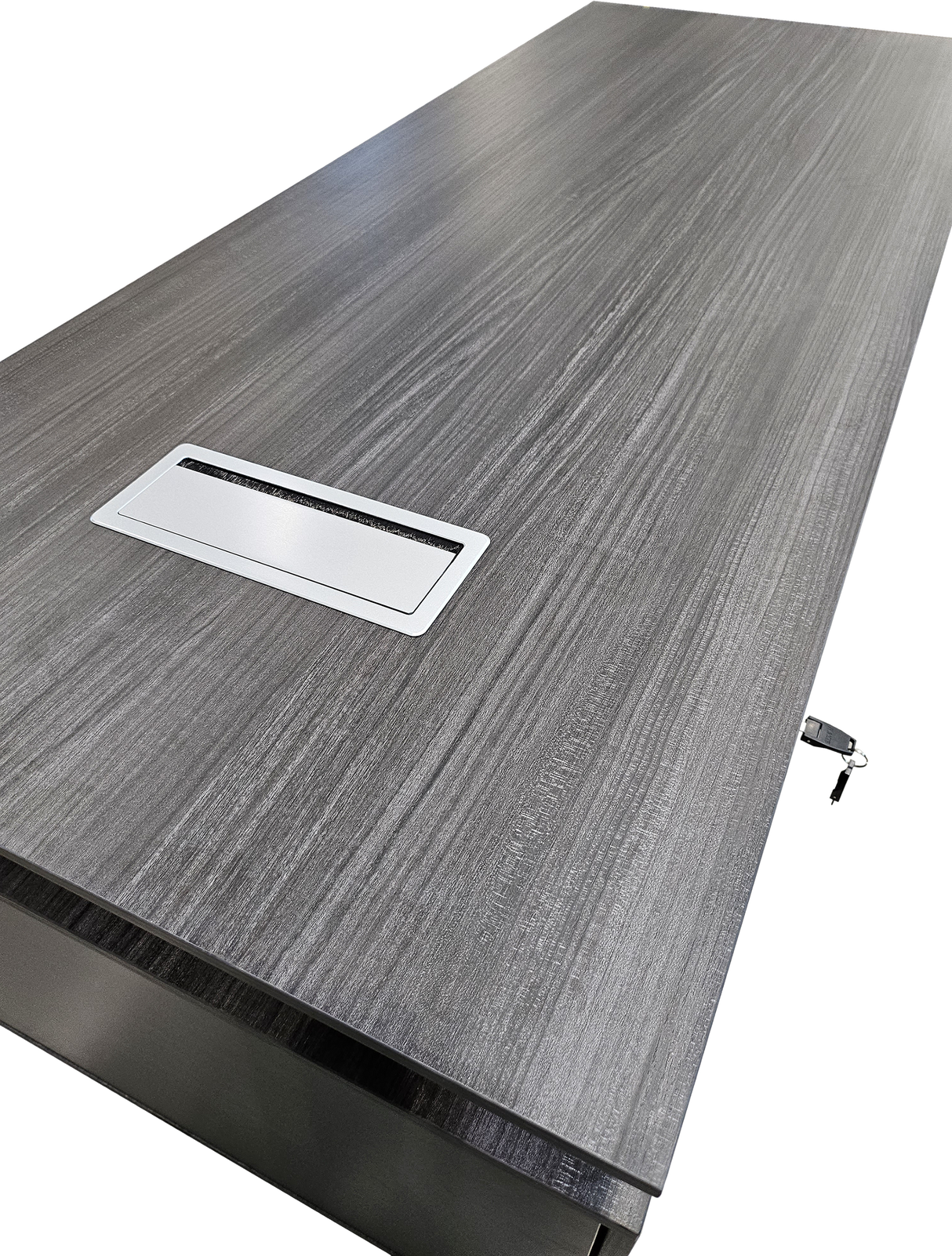 Modern Grey Oak Veneer Executive Office Desk with Built in Pedestal and Inclined Leg - 1600mm - DG19-S-D16