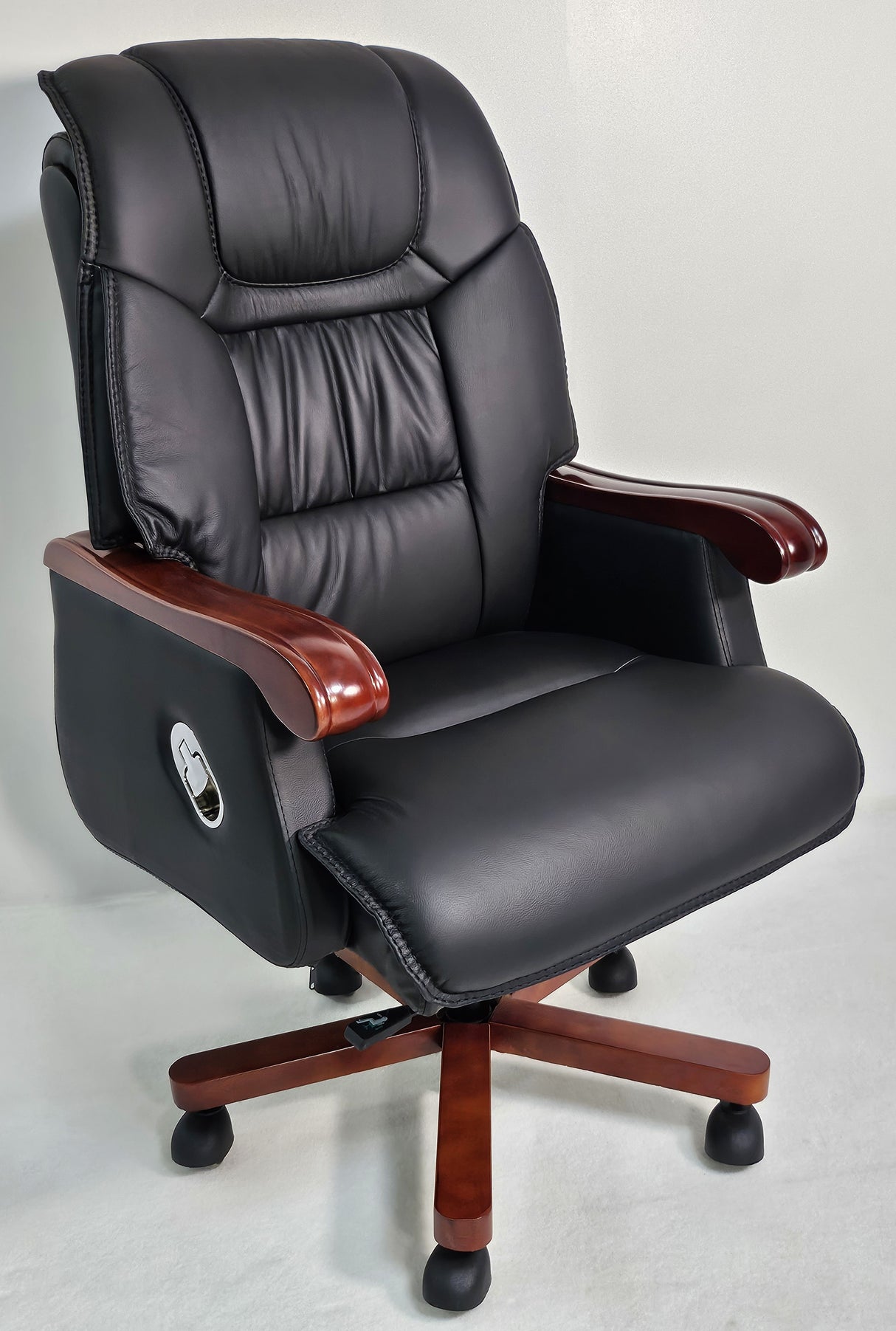 Genuine Black Leather Executive Reclining Office Chair with Walnut Arms - 893