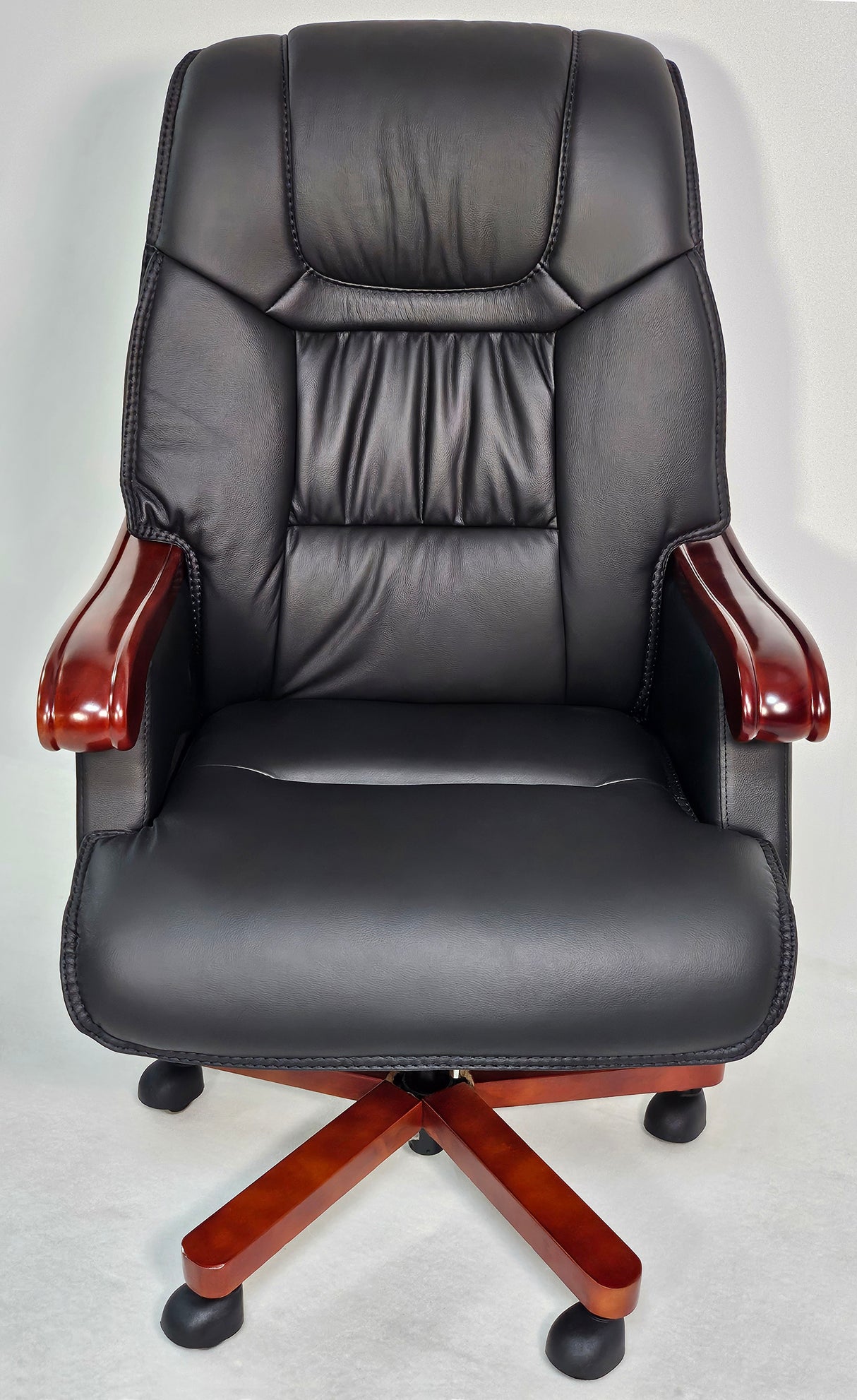 Genuine Black Leather Executive Reclining Office Chair with Walnut Arms - 893