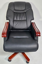 Genuine Black Leather Executive Reclining Office Chair with Walnut Arms - 893