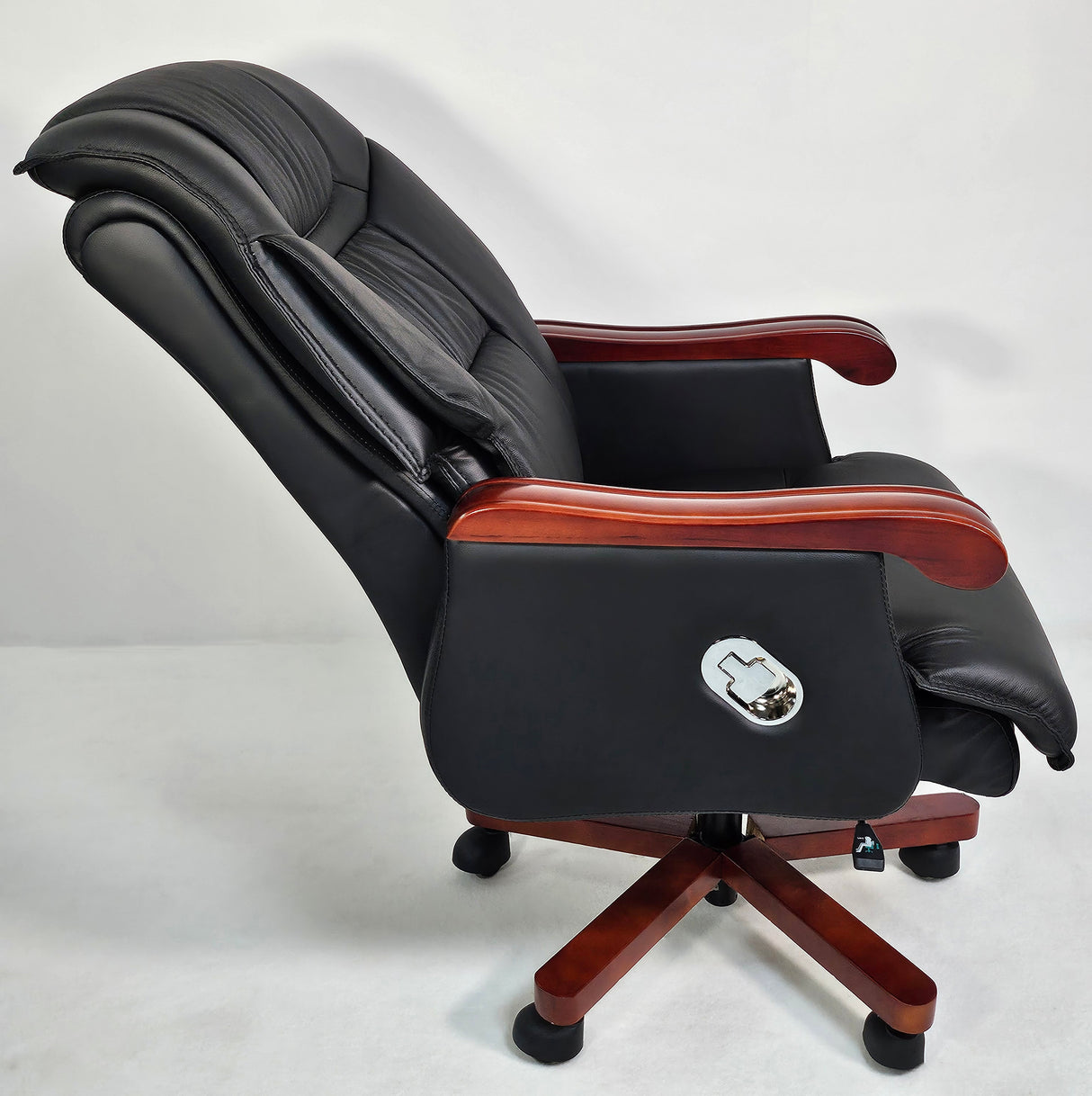 Genuine Black Leather Executive Reclining Office Chair with Walnut Arms - 893