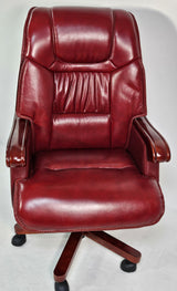 Genuine Burgundy Leather Executive Reclining Office Chair with Walnut Arms - 893