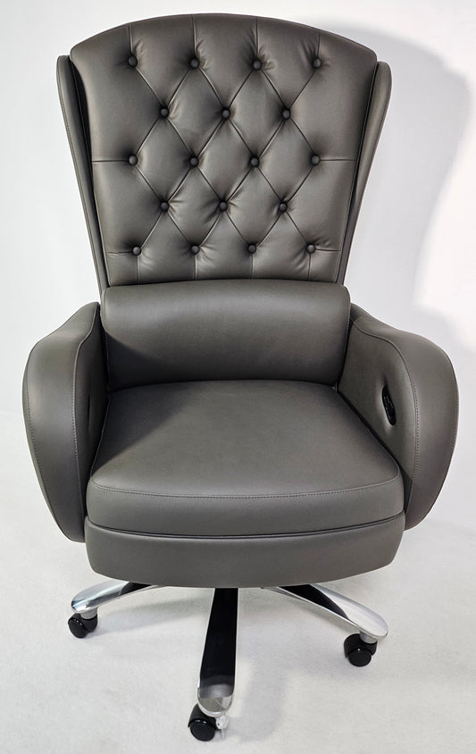 Genuine Grey Leather High Back Executive Office Chair with Chesterfield Design - 6002HL