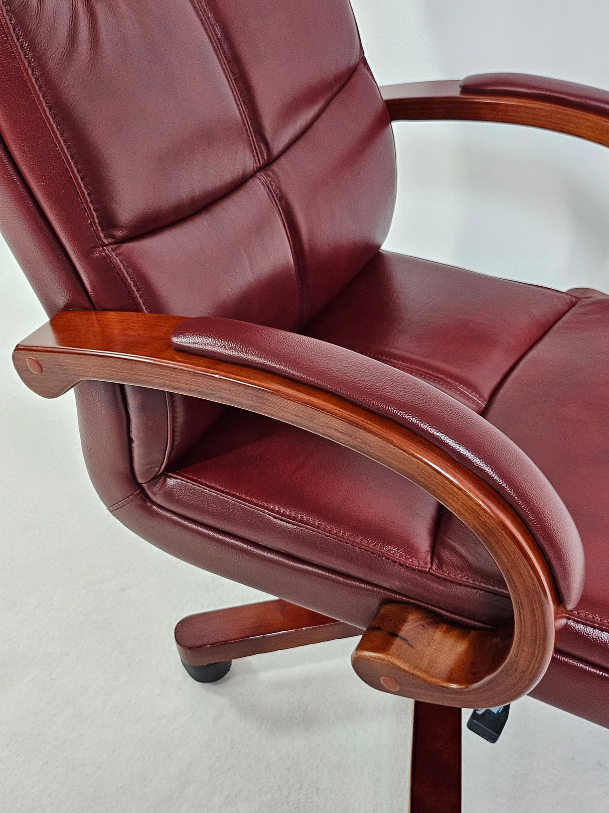 Genuine Burgundy Leather Executive Office Chair with Curved Walnut Arms - H-073