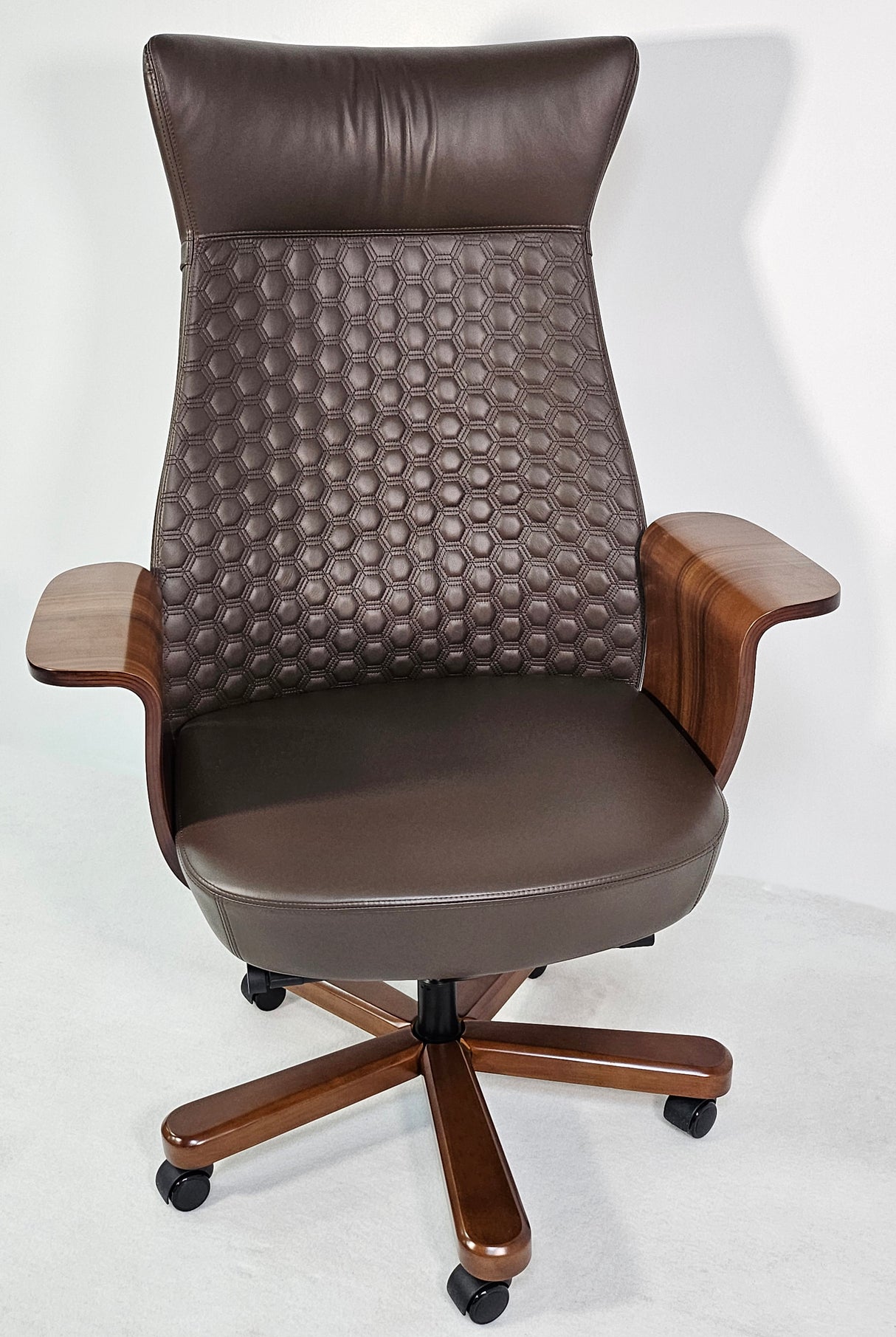 Modern Genuine Brown Leather High Back Office Chair with Hexagonal Design -  6084HL