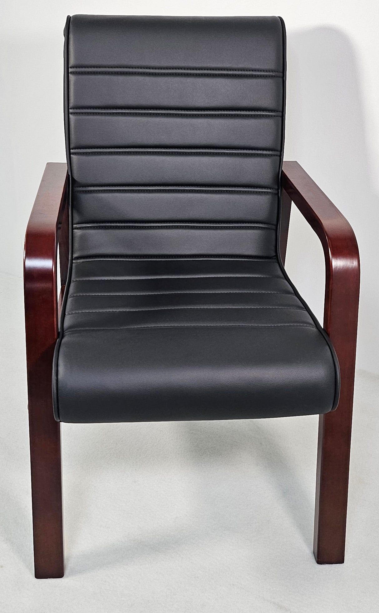 Black Leather Visitor Chair with Curved Walnut Arms - C050-1