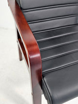 Black Leather Visitor Chair with Curved Walnut Arms - C050-1
