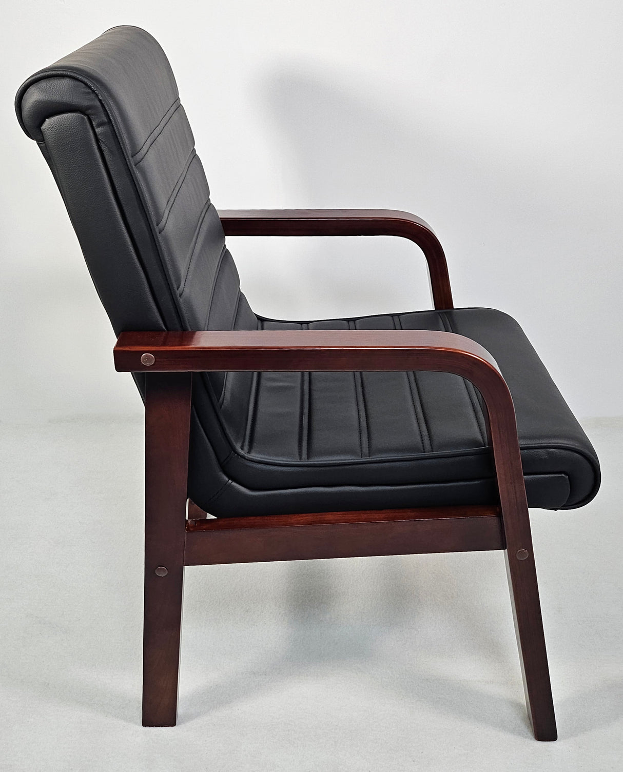 Black Leather Visitor Chair with Curved Walnut Arms - C050-1