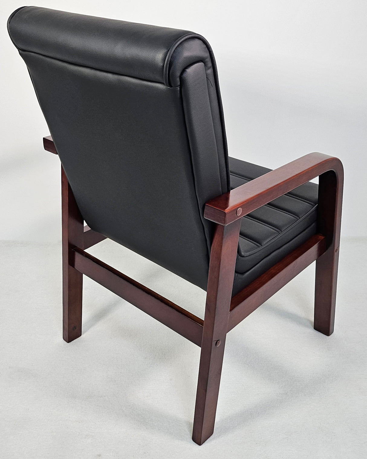 Black Leather Visitor Chair with Curved Walnut Arms - C050-1