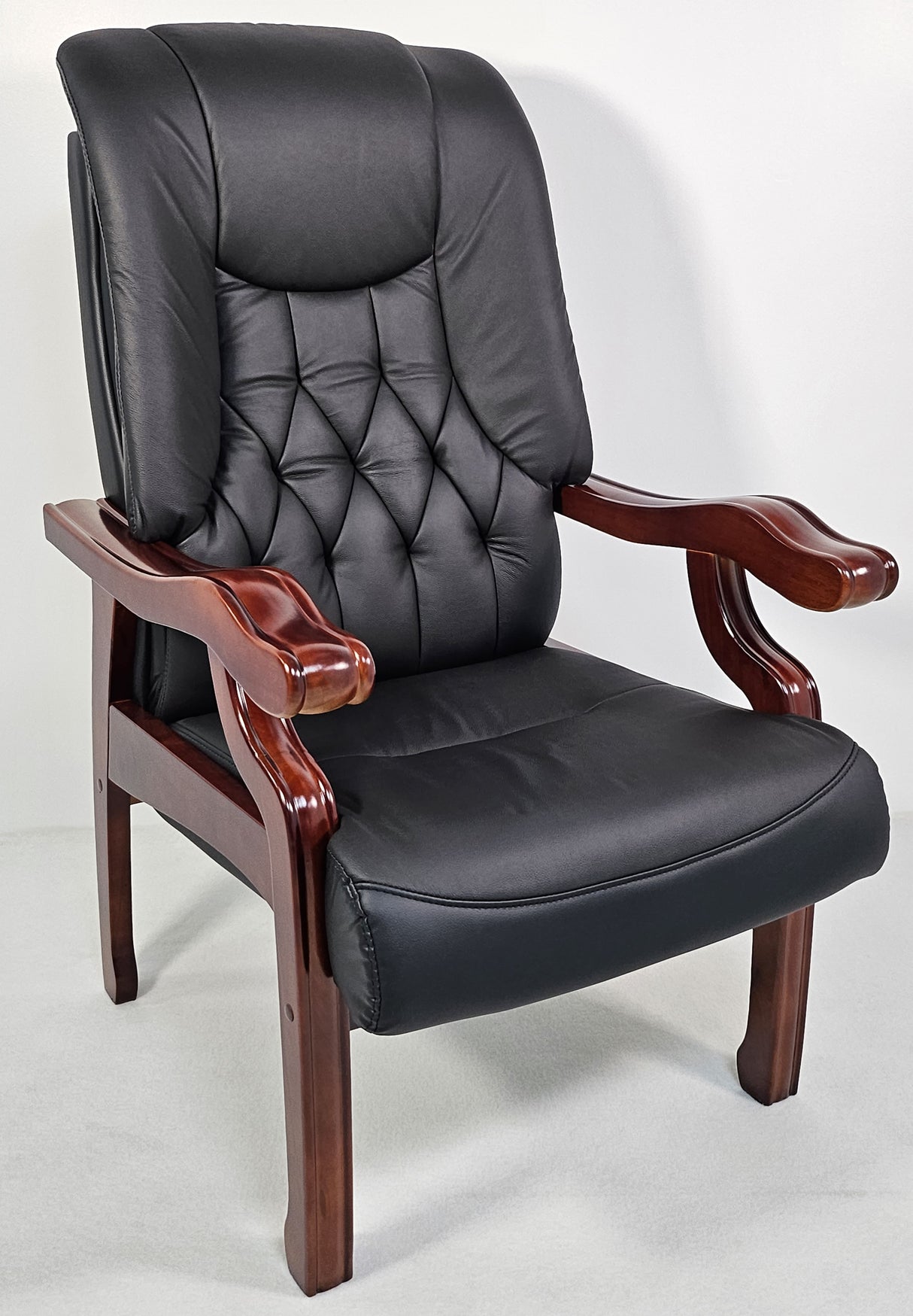 Traditional Black Genuine Leather Visitor Chair with Walnut Frame - A31