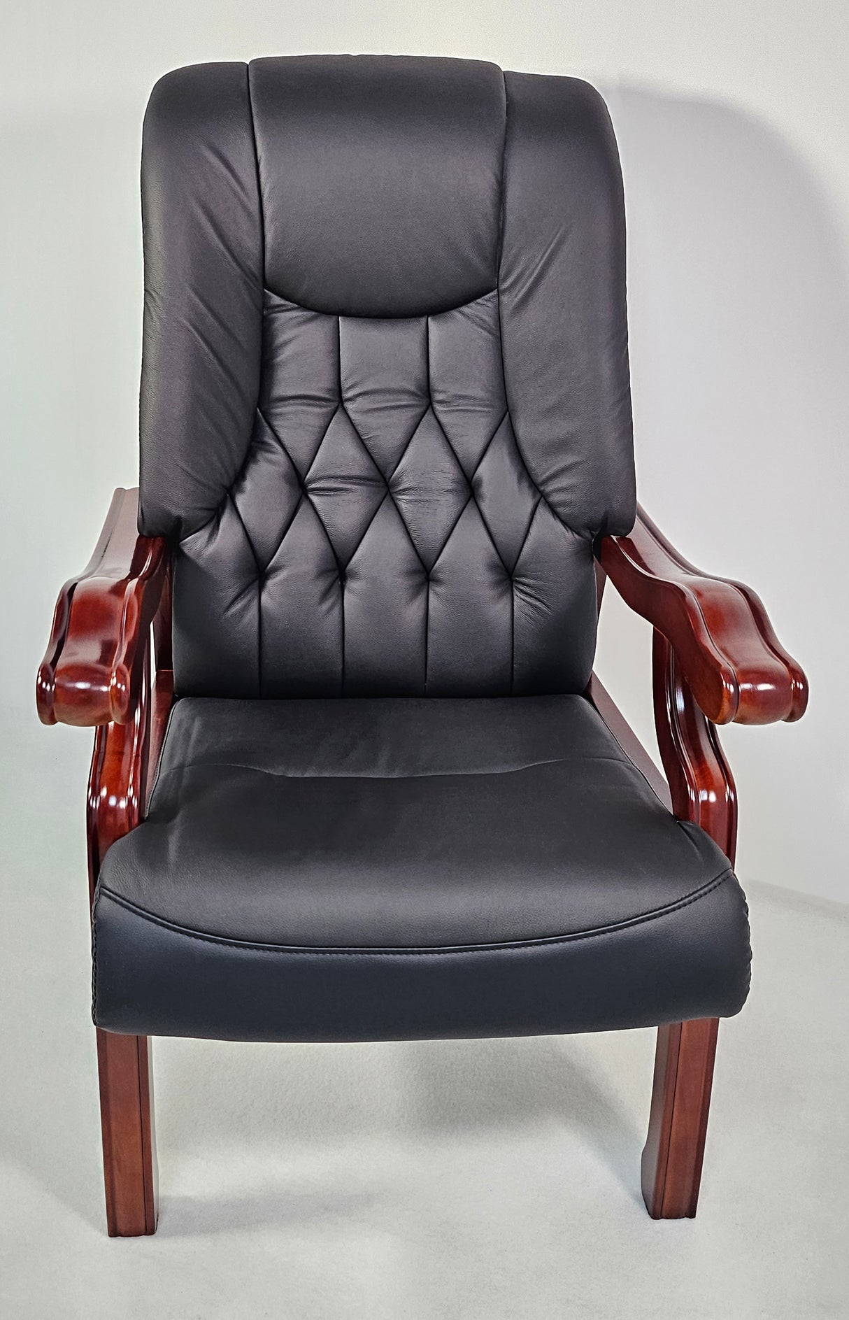 Traditional Black Genuine Leather Visitor Chair with Walnut Frame - A31