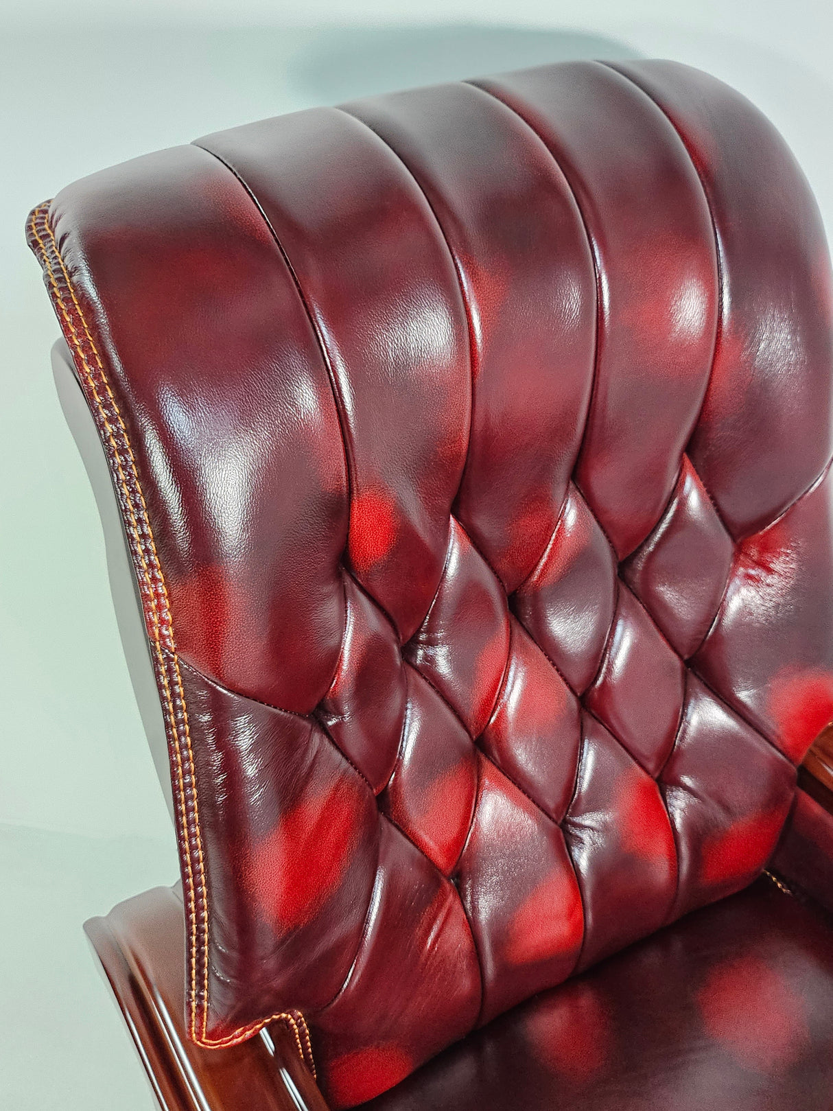 Large Burgundy Genuine Leather Executive Office Chair with Walnut Detailing -  A8052