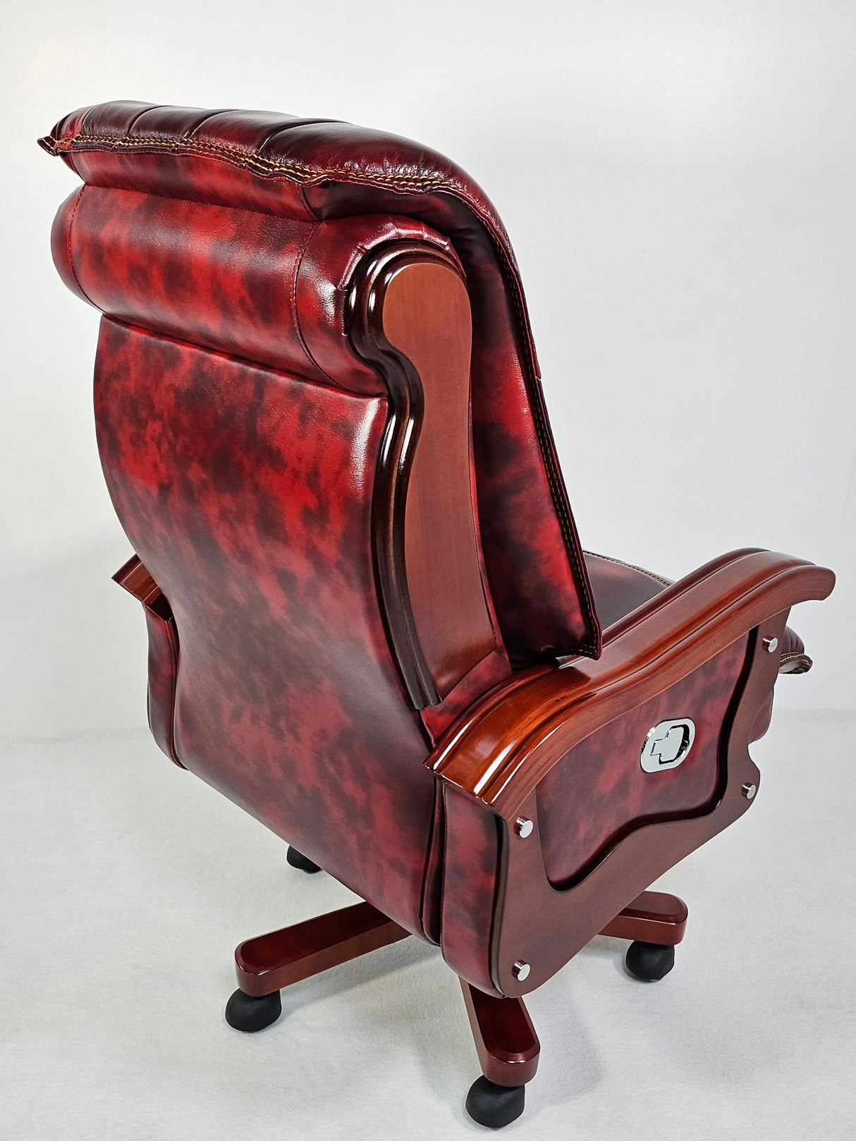 Large Burgundy Genuine Leather Executive Office Chair with Walnut Detailing -  A8052