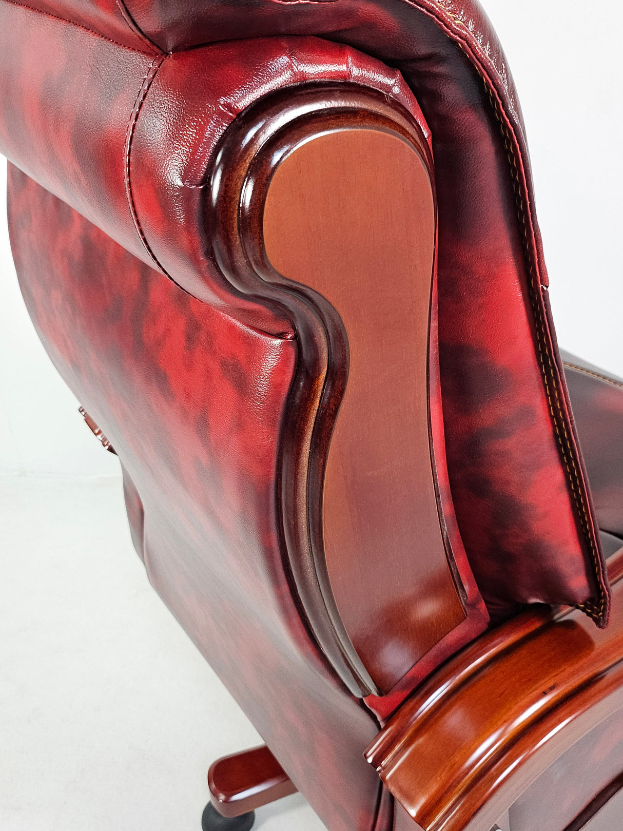 Large Burgundy Genuine Leather Executive Office Chair with Walnut Detailing -  A8052
