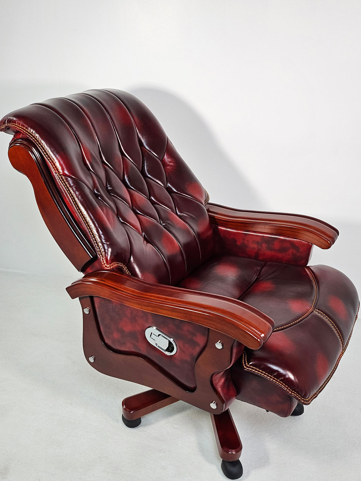 Large Burgundy Genuine Leather Executive Office Chair with Walnut Detailing -  A8052