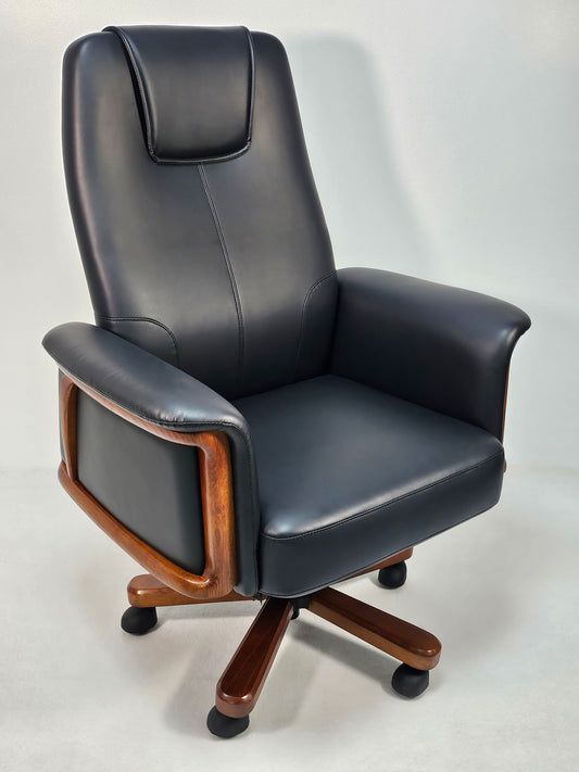 Black Leather Executive Office Chair with Solid Wood Detailing - ZX-006