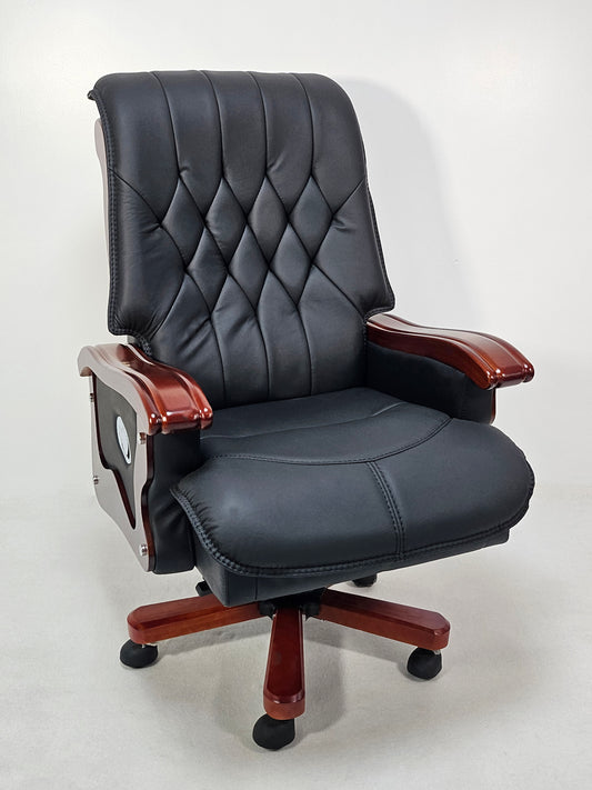 Large Black Genuine Leather Executive Office Chair with Walnut Detailing - A8052