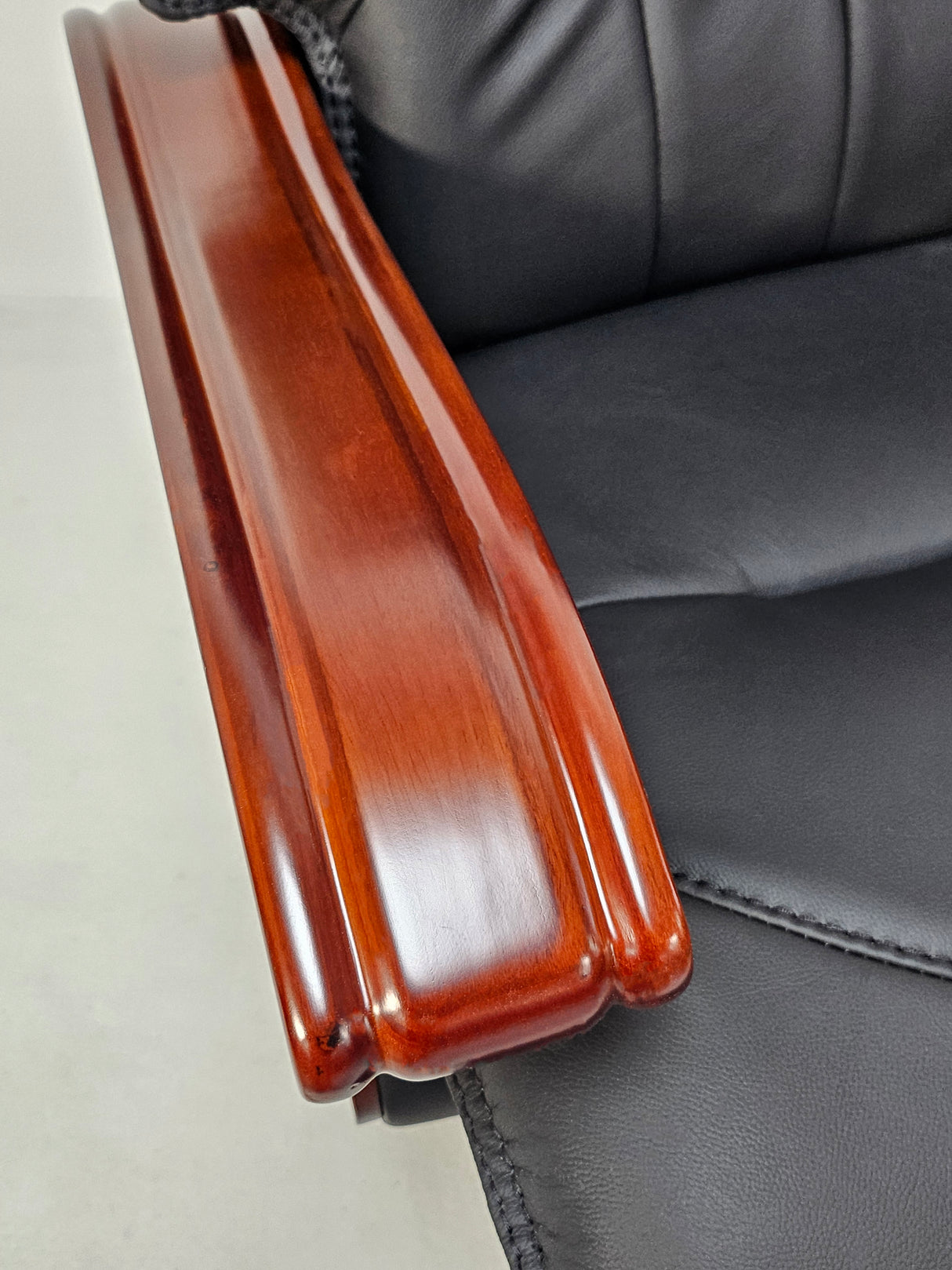 Large Black Genuine Leather Executive Office Chair with Walnut Detailing -  A8052