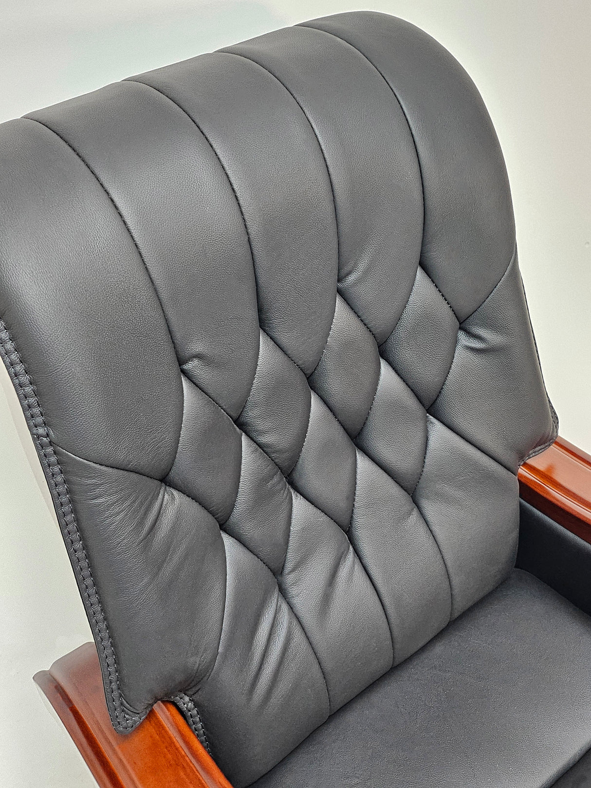 Large Black Genuine Leather Executive Office Chair with Walnut Detailing -  A8052