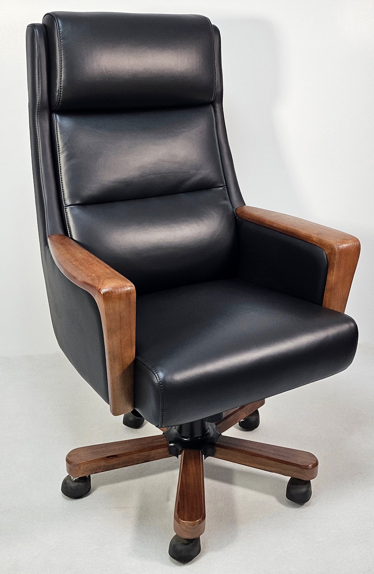 Black Genuine Leather Executive Office Chair with Real Wood Veneer Arms - 2002A