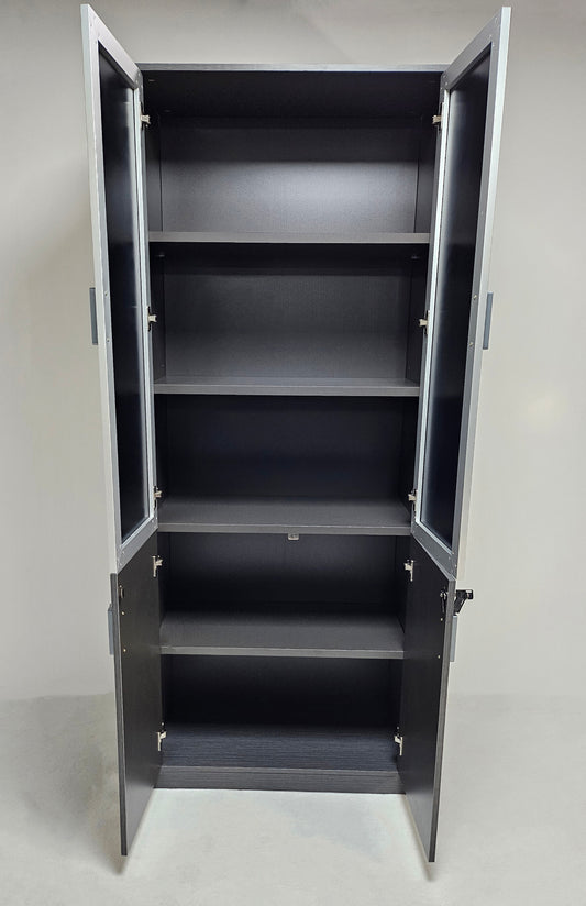 Modern Grey Oak Melamine Two Door Bookcase with Black Glass Doors - 800mm - WKO-S0408