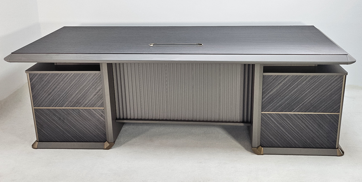 Modern Grey Oak Straight Office Desk with Herringbone Detailing and Built in Storage - 2400mm - DHH-D0124