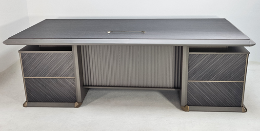 Modern Grey Oak Straight Office Desk with Herringbone Detailing and Built in Storage - 2400mm - DHH-D0124