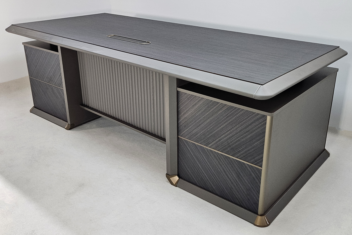 Modern Grey Oak Straight Office Desk with Herringbone Detailing and Built in Storage - 2400mm - DHH-D0124