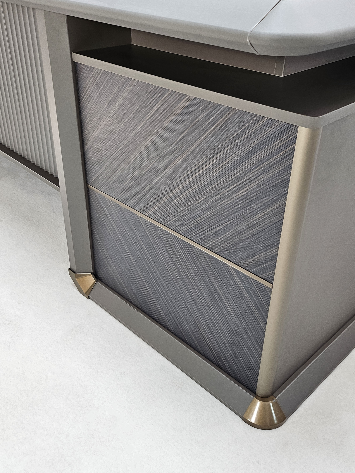 Modern Grey Oak Straight Office Desk with Herringbone Detailing and Built in Storage - 2400mm - DHH-D0124