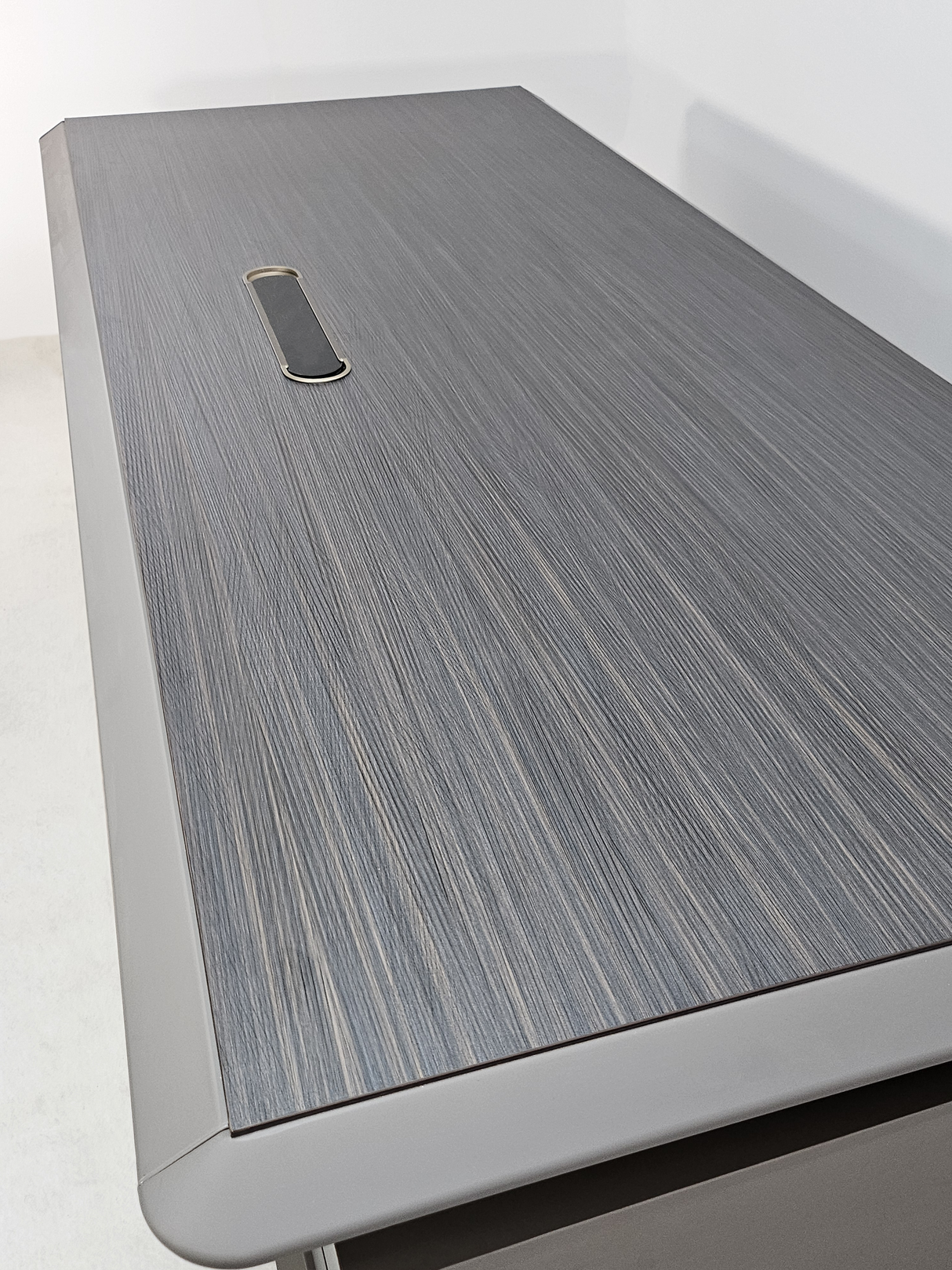 Modern Grey Oak Straight Office Desk with Herringbone Detailing and Built in Storage - 2400mm - DHH-D0124