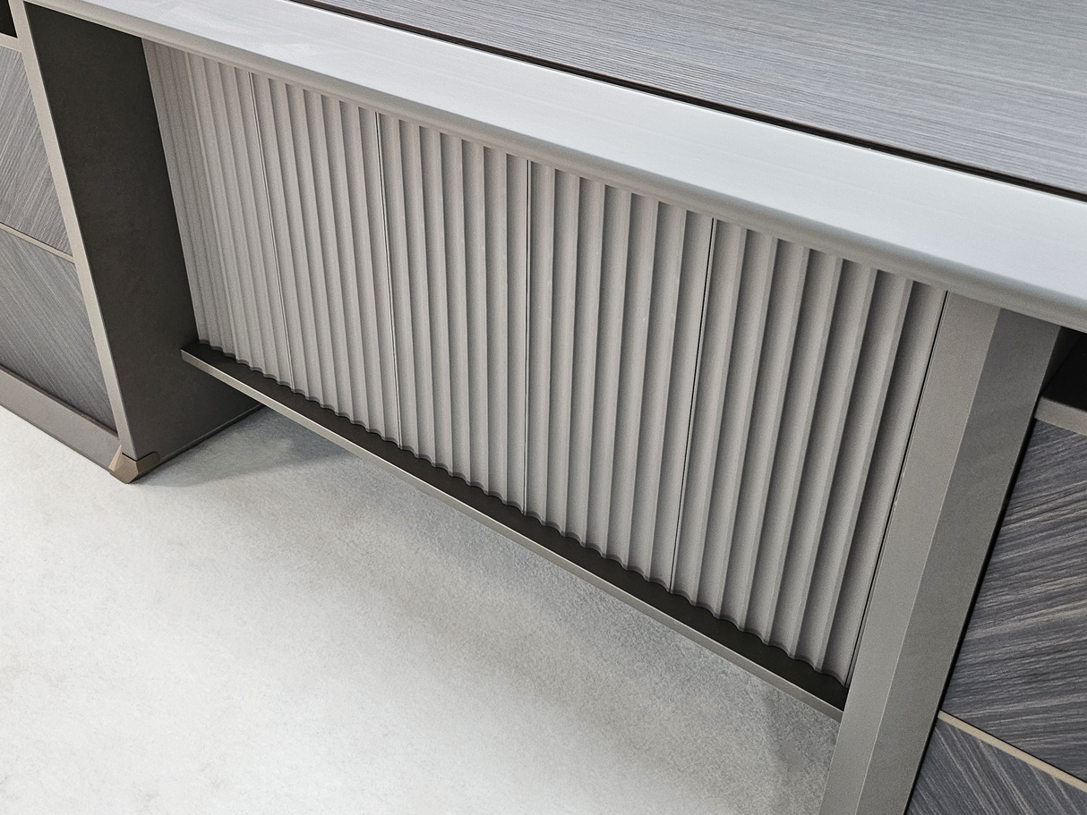 Modern Grey Oak Straight Office Desk with Herringbone Detailing and Built in Storage - 2400mm - DHH-D0124