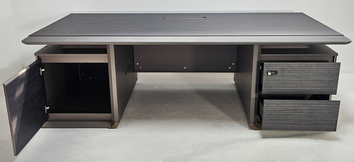 Modern Grey Oak Straight Office Desk with Herringbone Detailing and Built in Storage - 2400mm - DHH-D0124