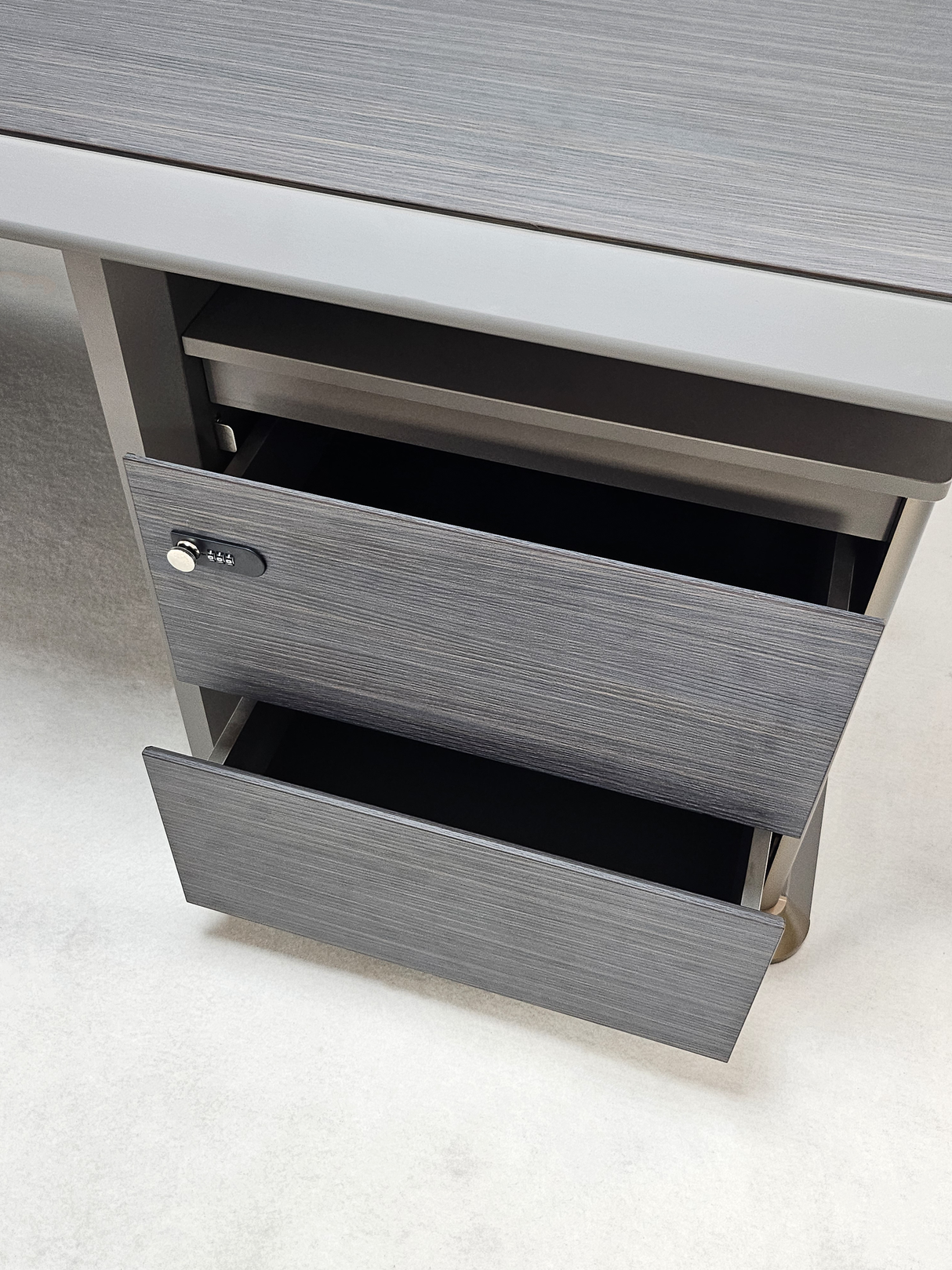 Modern Grey Oak Straight Office Desk with Herringbone Detailing and Built in Storage - 2400mm - DHH-D0124