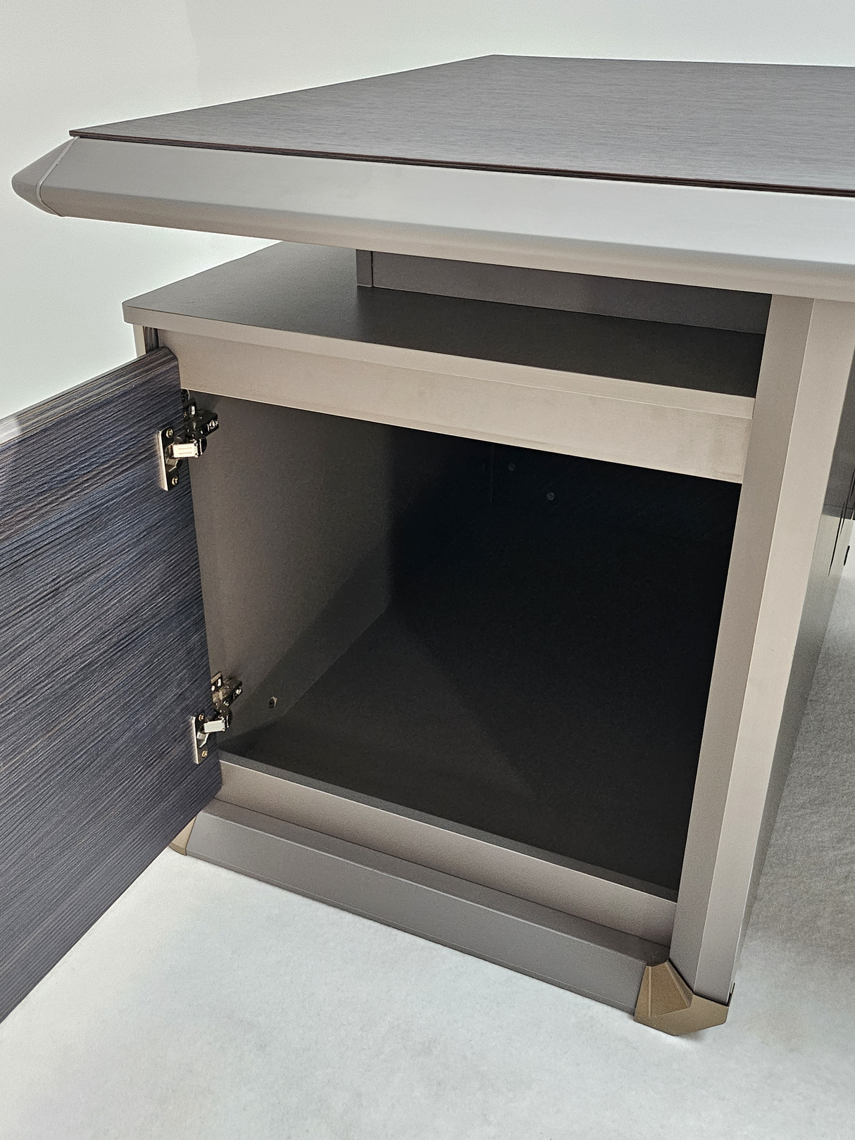 Modern Grey Oak Straight Office Desk with Herringbone Detailing and Built in Storage - 2400mm - DHH-D0124