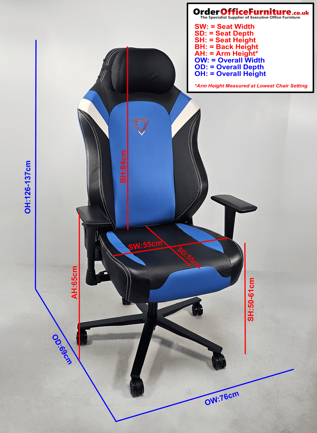 Reclining Black Leather Executive Gaming Style Office Chair with Blue and White Detailing - F023-89