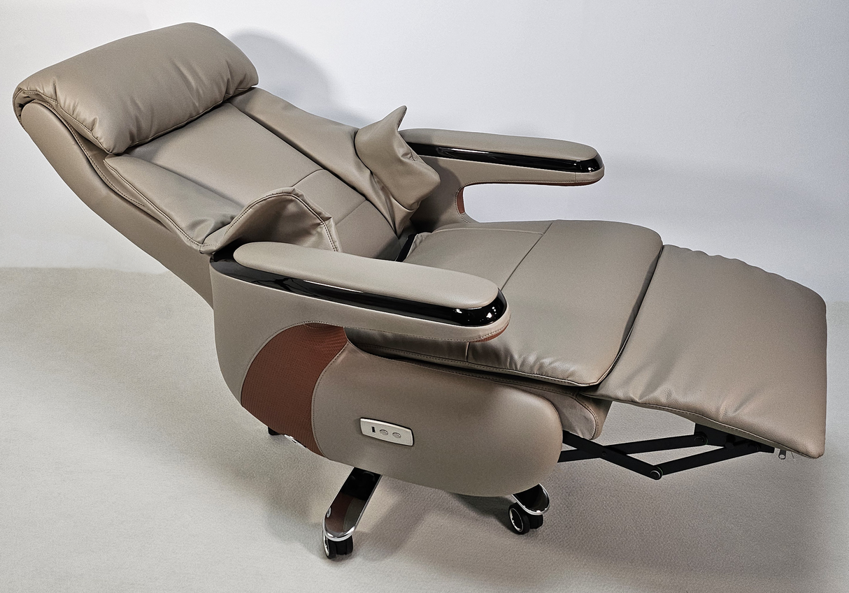 Electric Reclining Executive Leather Office Chair with USB A Charging Port - Grey Beige -  A2320