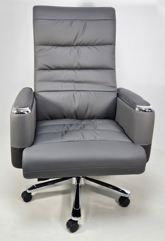 Two-Tone Grey & Brown Leather with Chrome Trimmed Arms High Back Executive Office Chair - HB-309A
