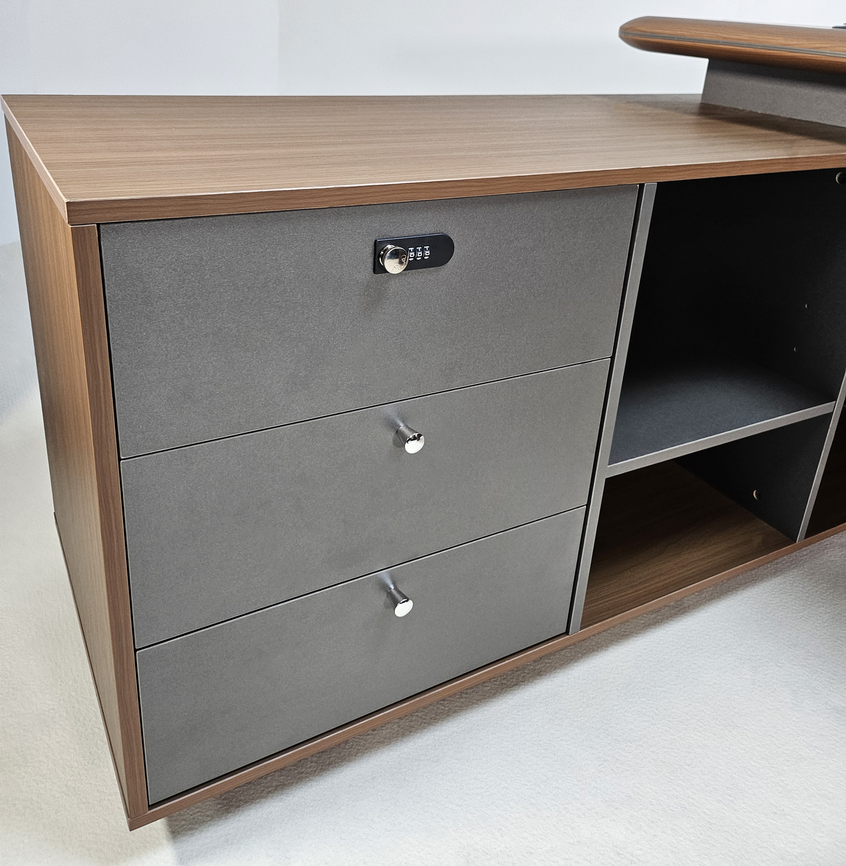 Premium Executive Corner Office Desk in American Walnut Melamine - Desktop Power Included - 1600mm, 1800mm, 2000mm - DG27-D01