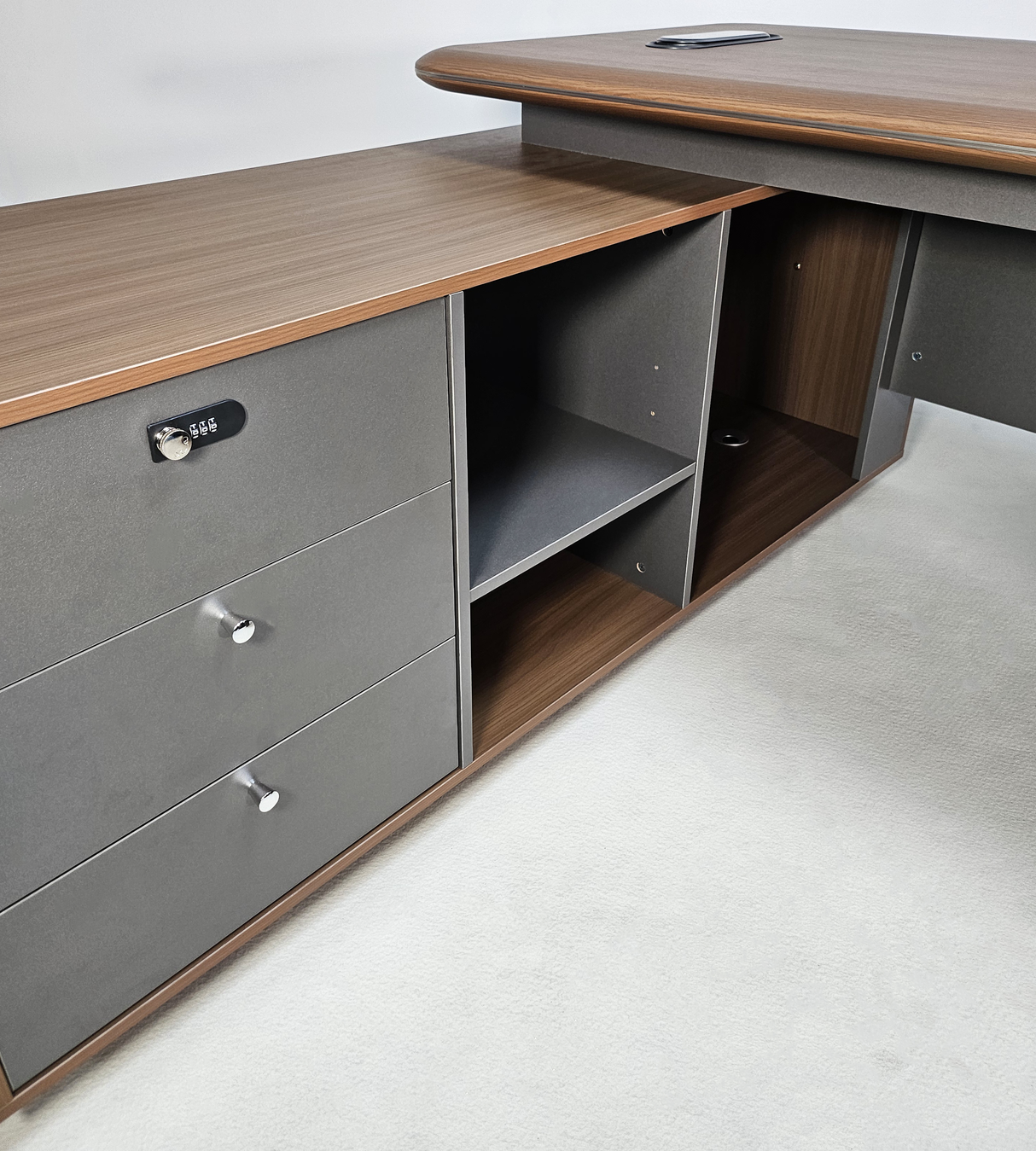 Premium Executive Corner Office Desk in American Walnut Melamine - Desktop Power Included - 1600mm, 1800mm, 2000mm - DG27-D01