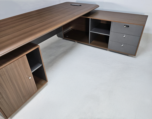 Premium Large Executive Corner Office Desk in American Walnut Melamine - Desktop Power Included - 2400mm - DG27-D02