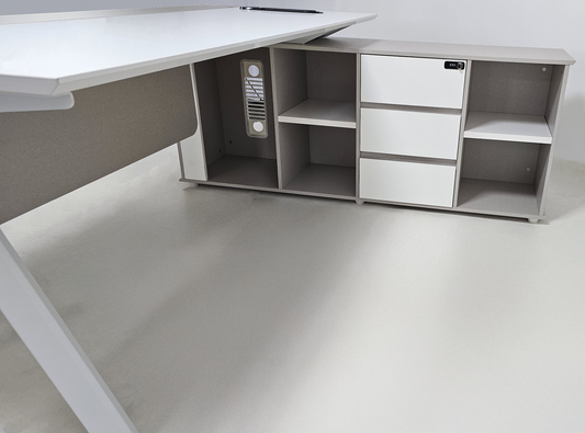 Contemporary Modern Corner Executive Office Desk with Stylish Metal Leg and Integrated Desktop Power - White and Beige Oatmeal - 1400mm, 1600mm, 1800mm - CF-CRN-E